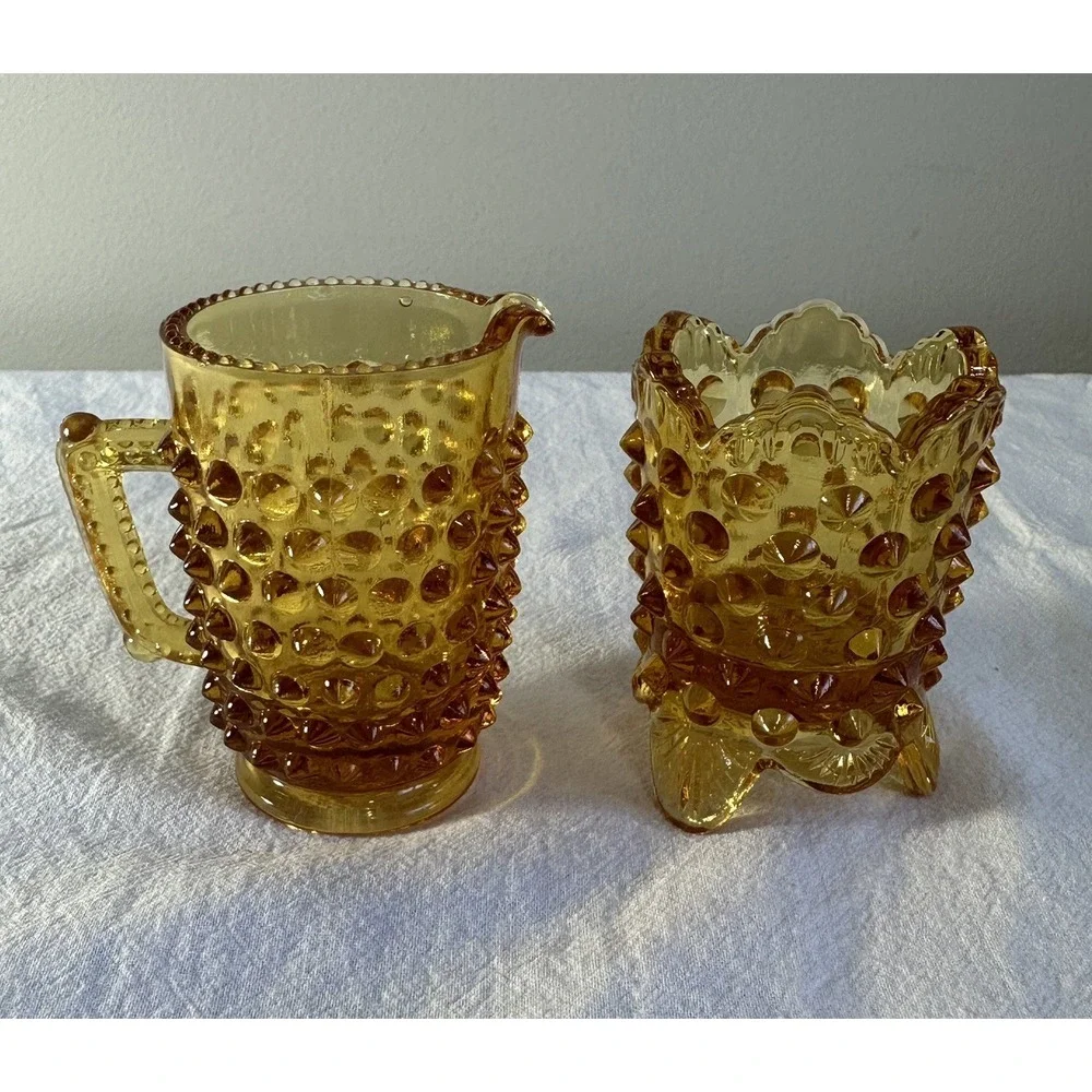 Fenton Amber Hobnail Creamer And Toothpick Holder Scalloped Edge VTG‎